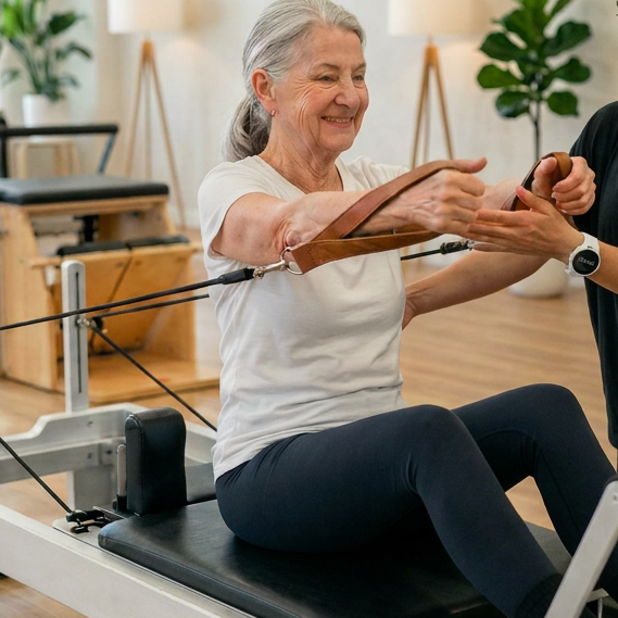 Older woman doing Pilates reformer exercise with instructor guidance in a studio